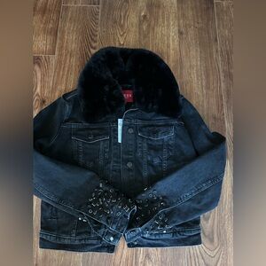 New Guess Black Denim Jacket Fur Collar Rhinestones Sleeves Sz.S